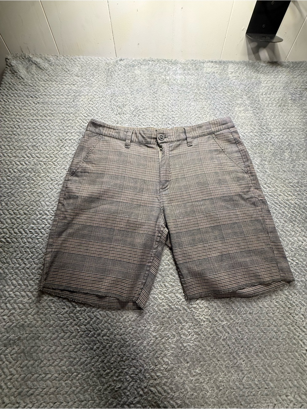 Brixton Plaid Flat-Front Shorts in Gray and Brown